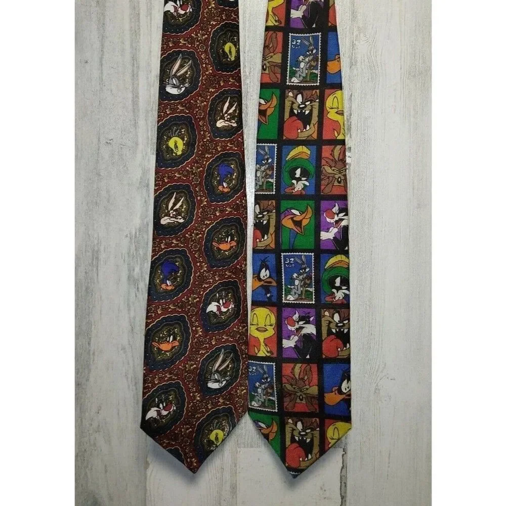 2 Necktie Lot Vintage Looney Tunes Stamp Collection/Looney Tunes Mania 55